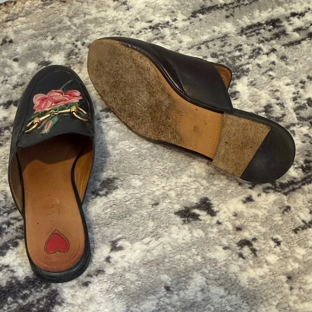 GUCCI Floral Embroidered Black Loafer mules size 6 - Picture 4 of 4